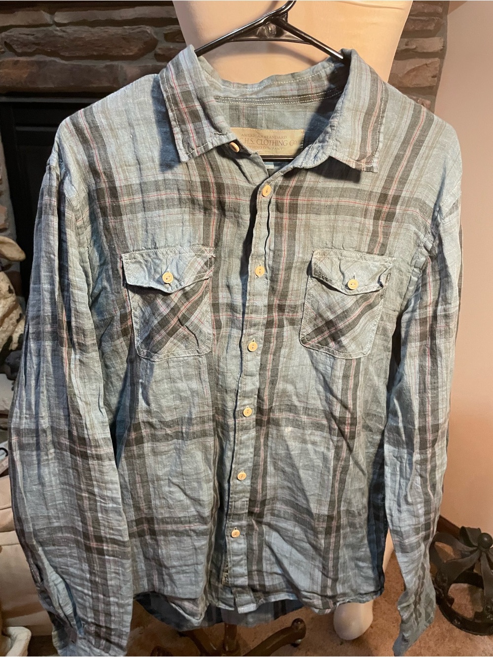 Men's Light Blue Plaid Button-Down Shirt with Chest Pockets